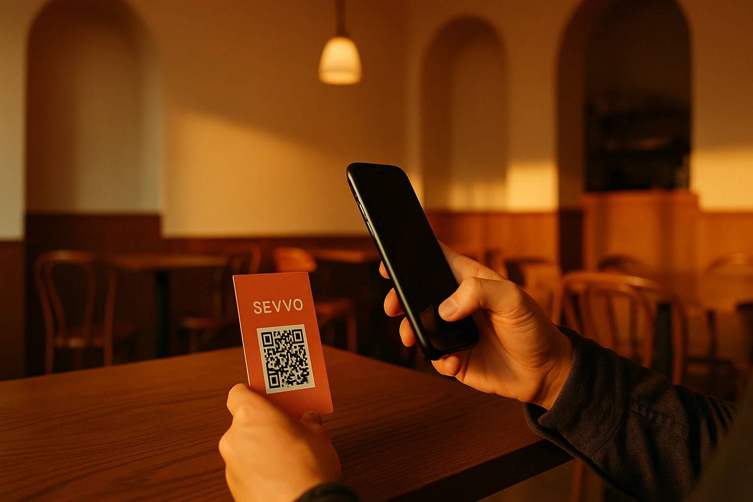 Ahşap kafe masasında QR taranan cappuccino